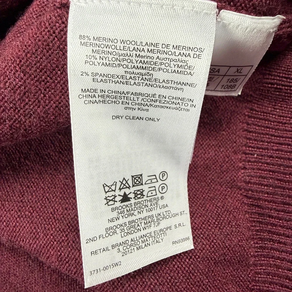 Brooks Brothers 346 Red‎ Extra Fine Merino Wool V Neck Sweater Mens XL burgundy